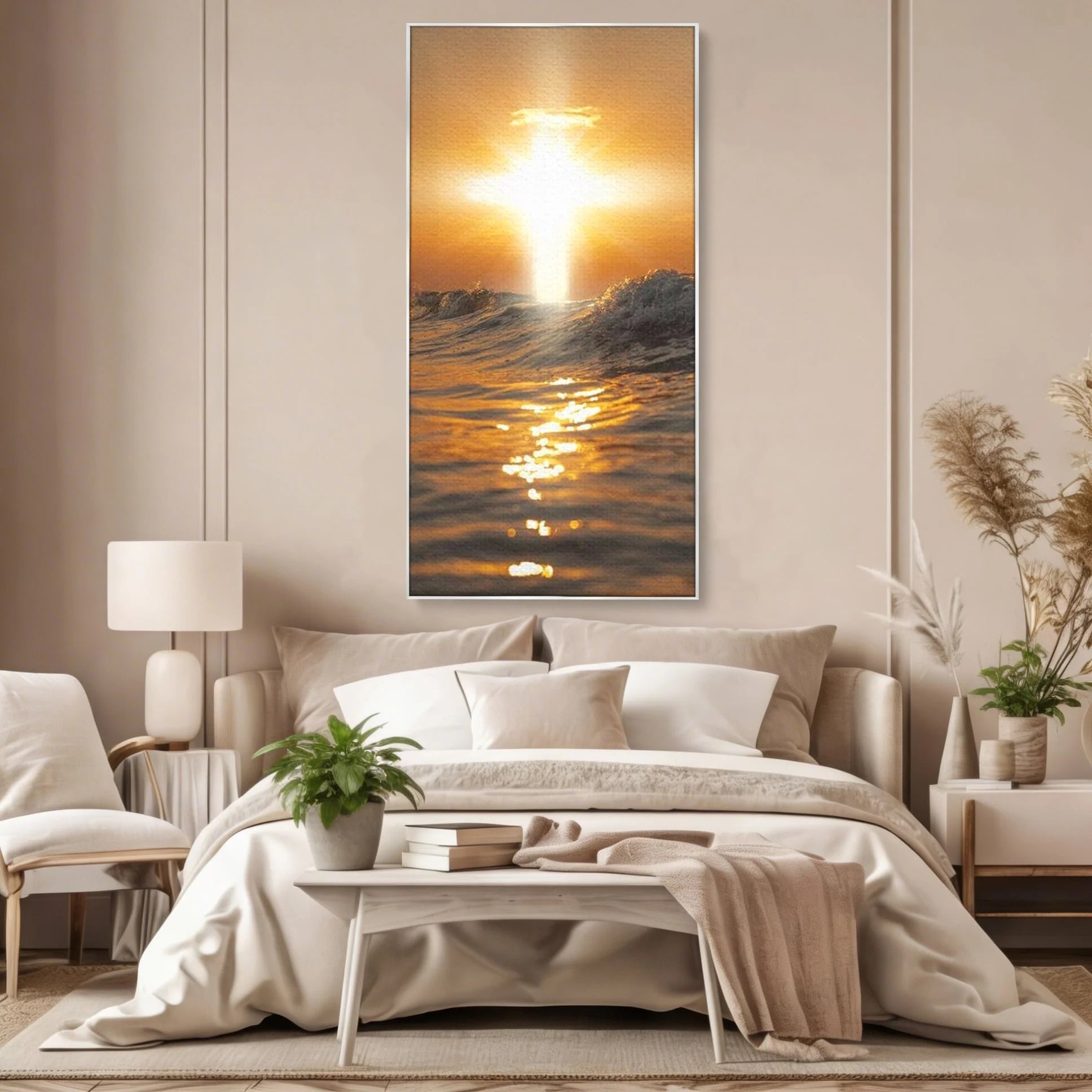 Tablou canvas cu tablou canvas cu apus si cruce pe apa, in rama de aluminiu argintiu, pe perete intr-un dormitor